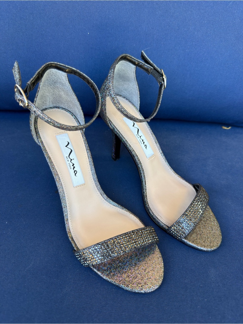 Nina Glitter Ankle Strap Stiletto Heels 5M Black Rainbow Open Toe Formal Sandals
